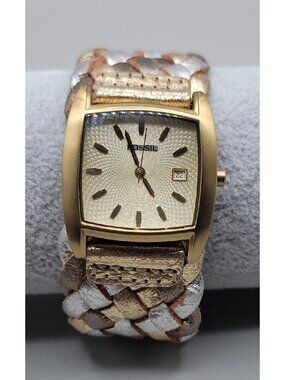 Vintage Fossil Ladies JR9017 Square Watch Date Window Woven Leather Band  8\